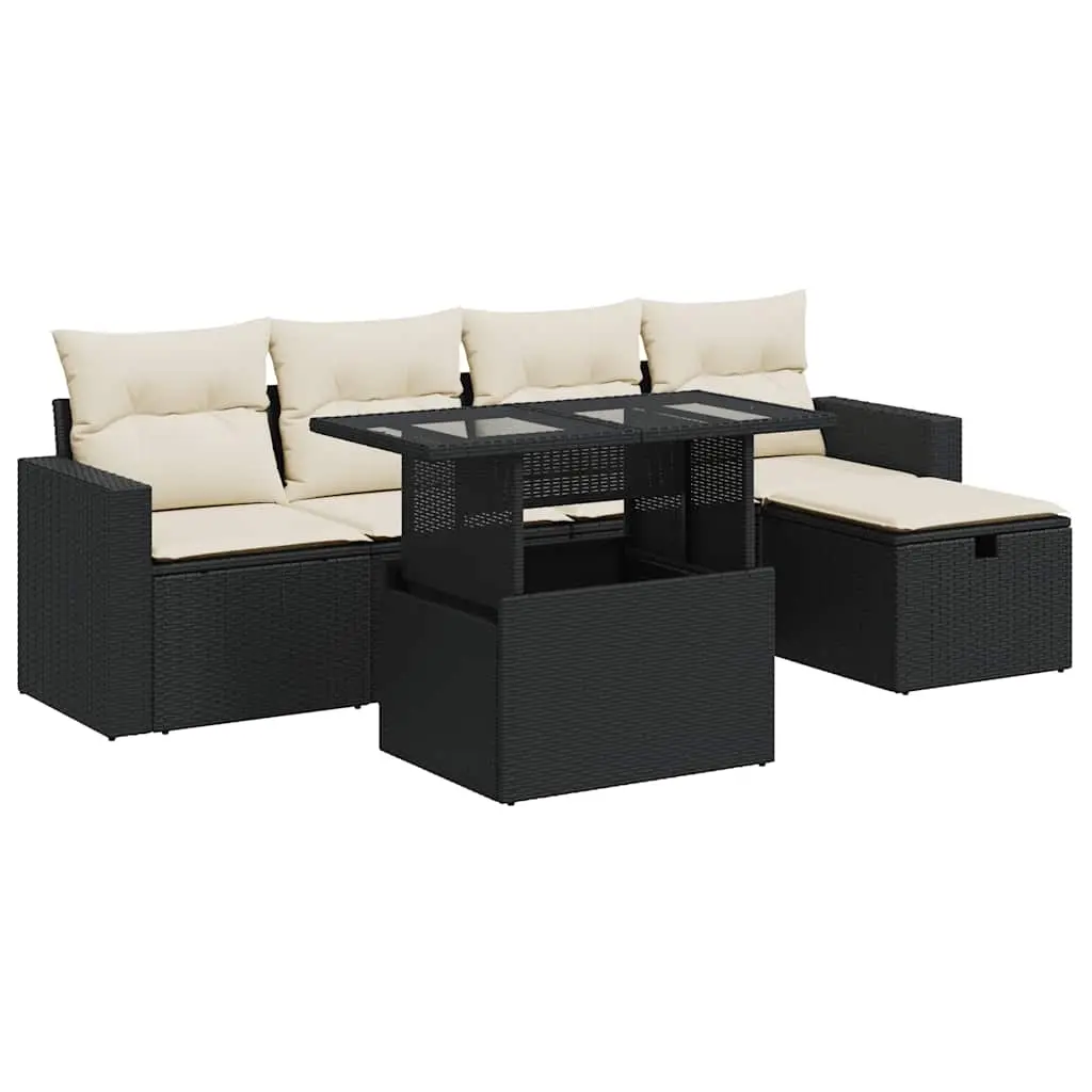 6 Piece Garden Sofa Set with Cushions Black Poly Rattan 3327806 - Furniture