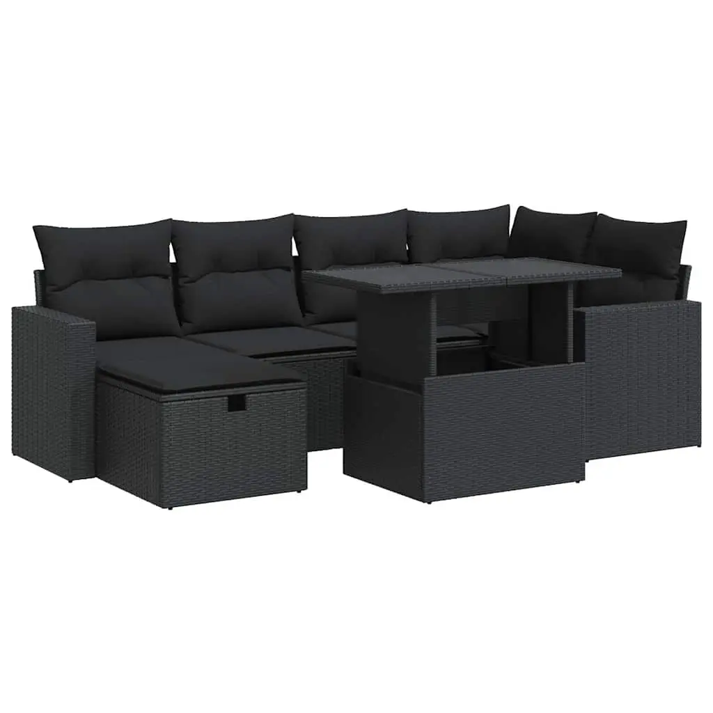 7 Piece Garden Sofa Set with Cushions Black Poly Rattan 3327815 - Furniture