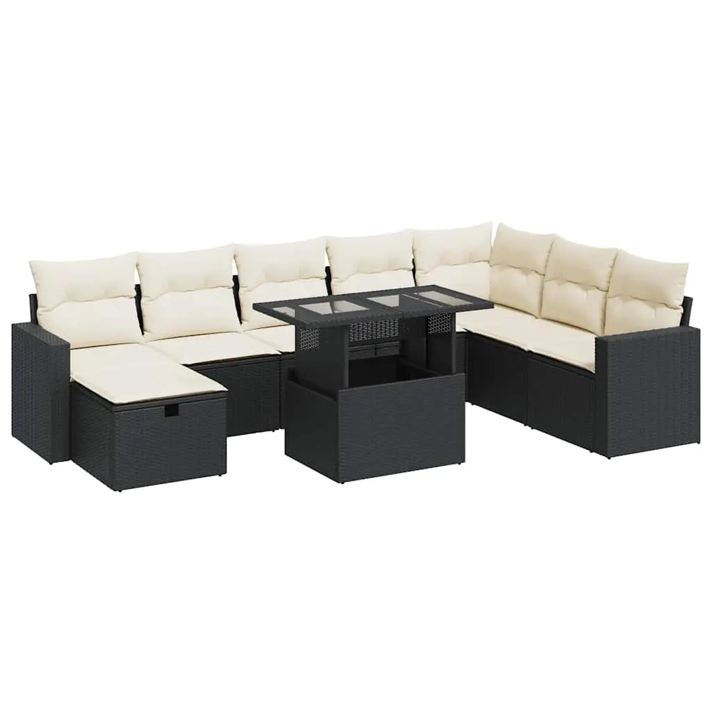 9 Piece Garden Sofa Set with Cushions Black Poly Rattan 3327836 - Furniture