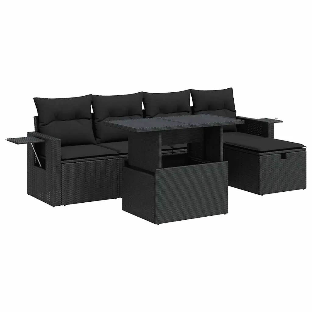 6 Piece Garden Sofa Set with Cushions Black Poly Rattan 3327845 - Furniture