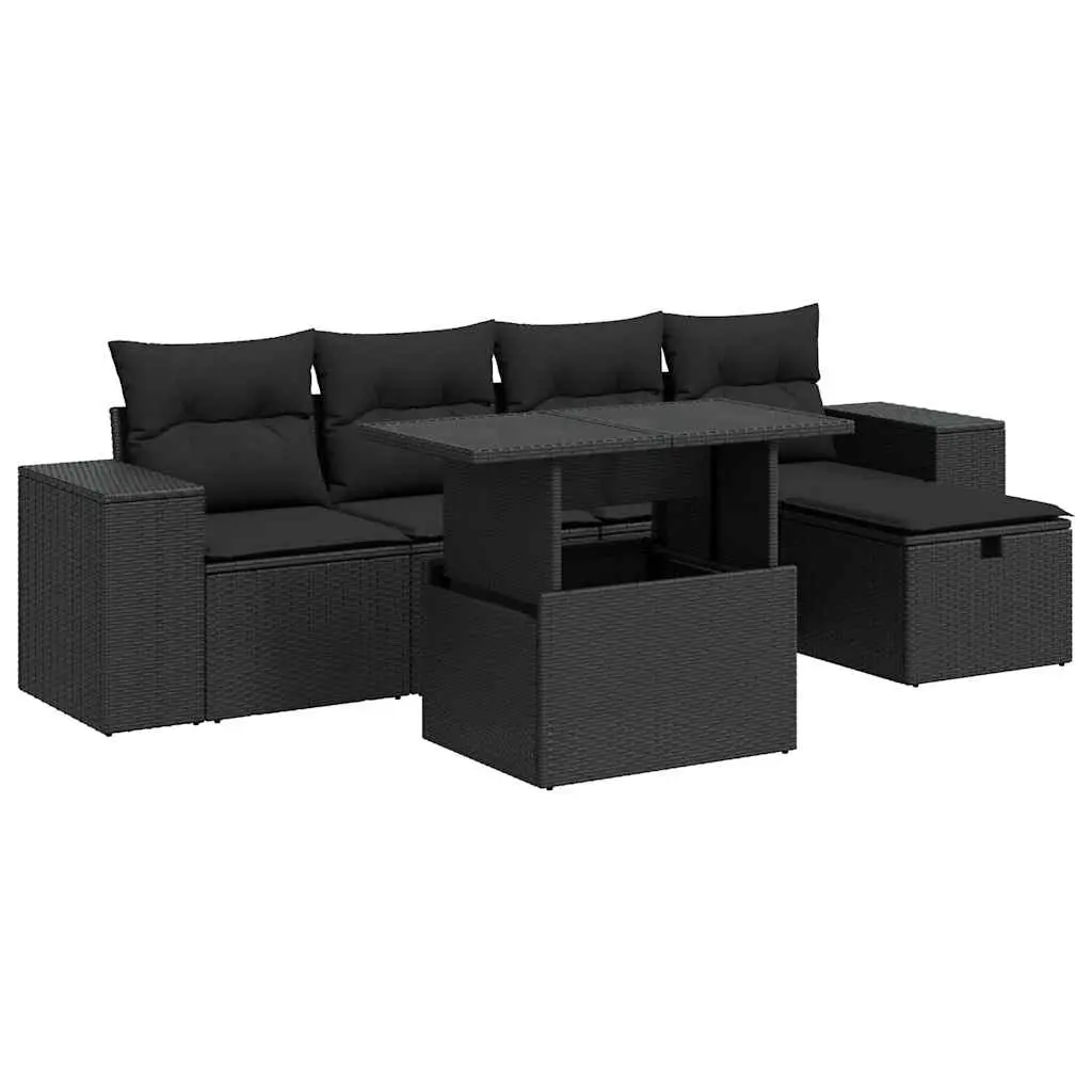 6 Piece Garden Sofa Set with Cushions Black Poly Rattan 3327925 - Furniture