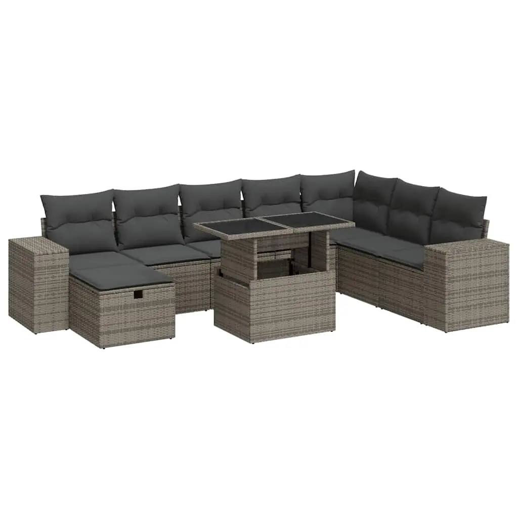 9 Piece Garden Sofa Set with Cushions Grey Poly Rattan 3327960 - Furniture