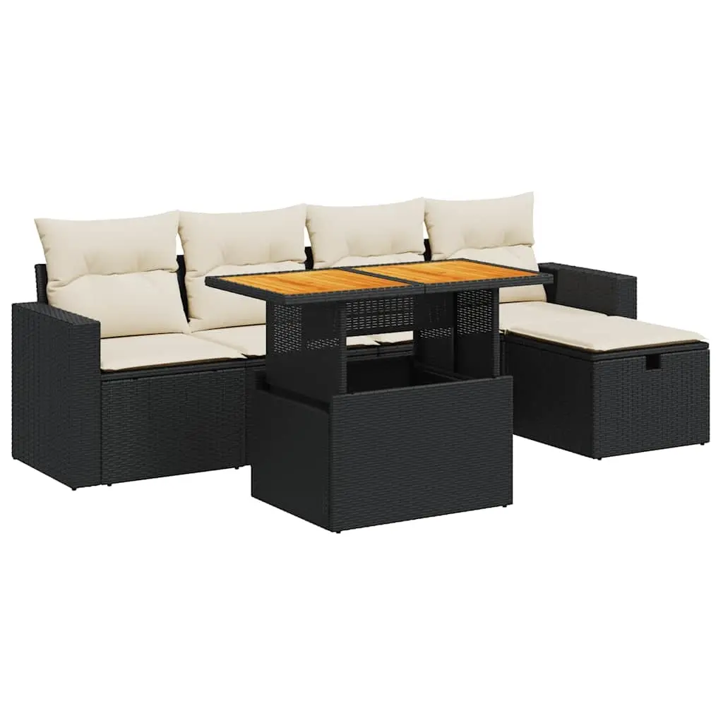 6 Piece Garden Sofa Set with Cushions Black Poly Rattan Acacia 3327994 - Furniture