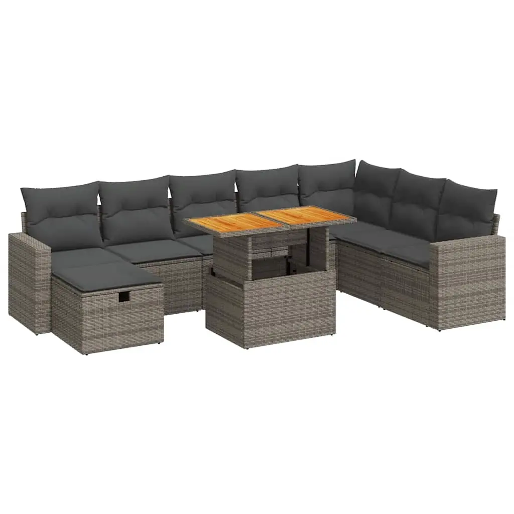 9 Piece Garden Sofa Set with Cushions Grey Poly Rattan Acacia 3328019 - Furniture
