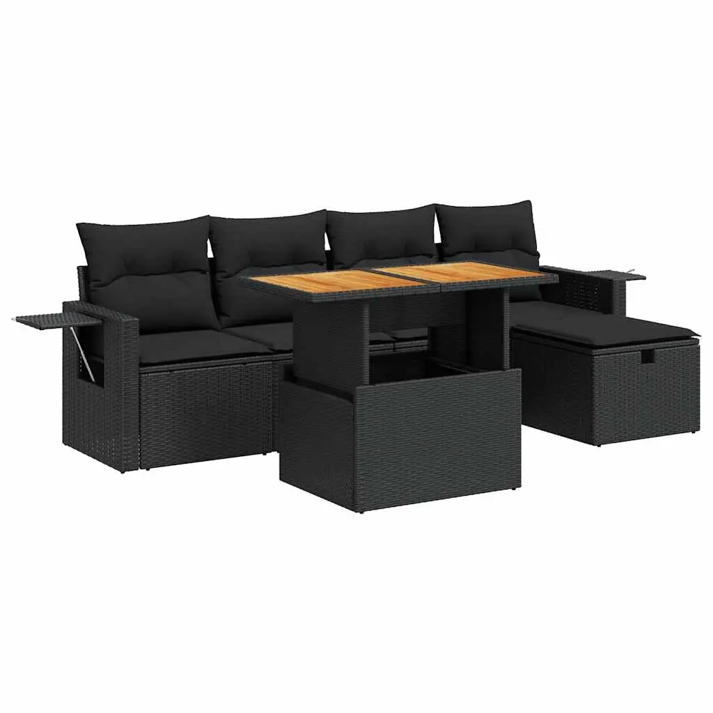 6 Piece Garden Sofa Set with Cushions Black Poly Rattan Acacia 3328021 - Furniture