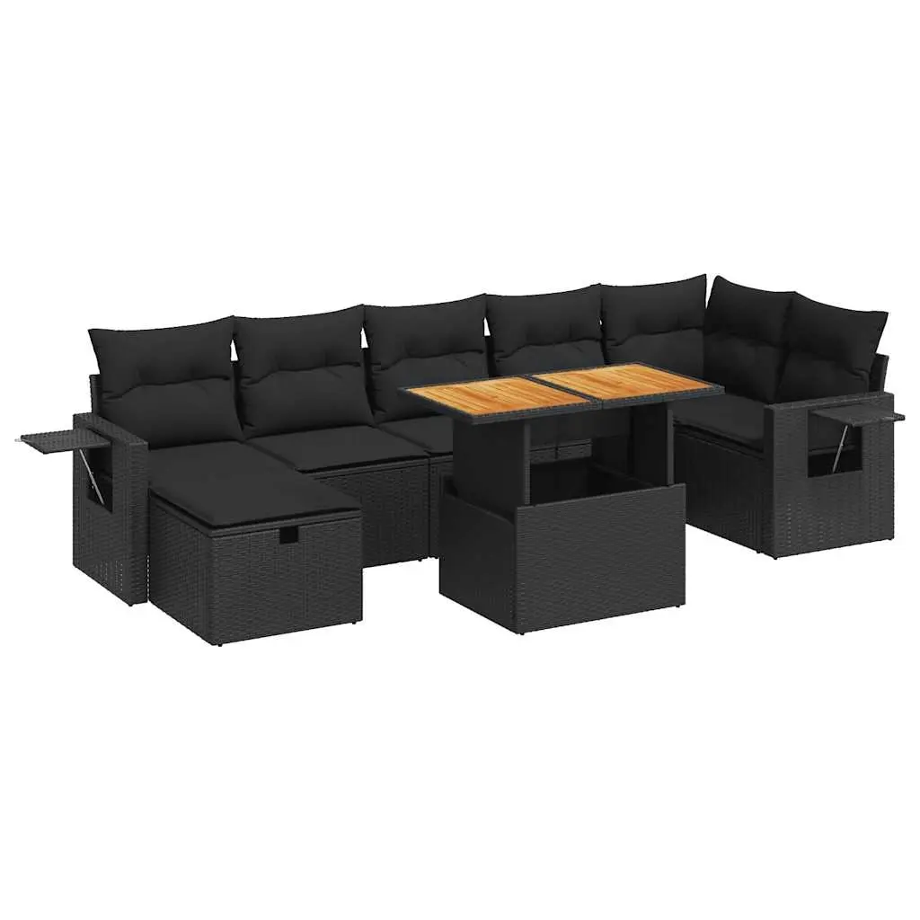 5 Piece Garden Sofa Set with Cushions Black Poly Rattan Acacia 3328035 - Furniture