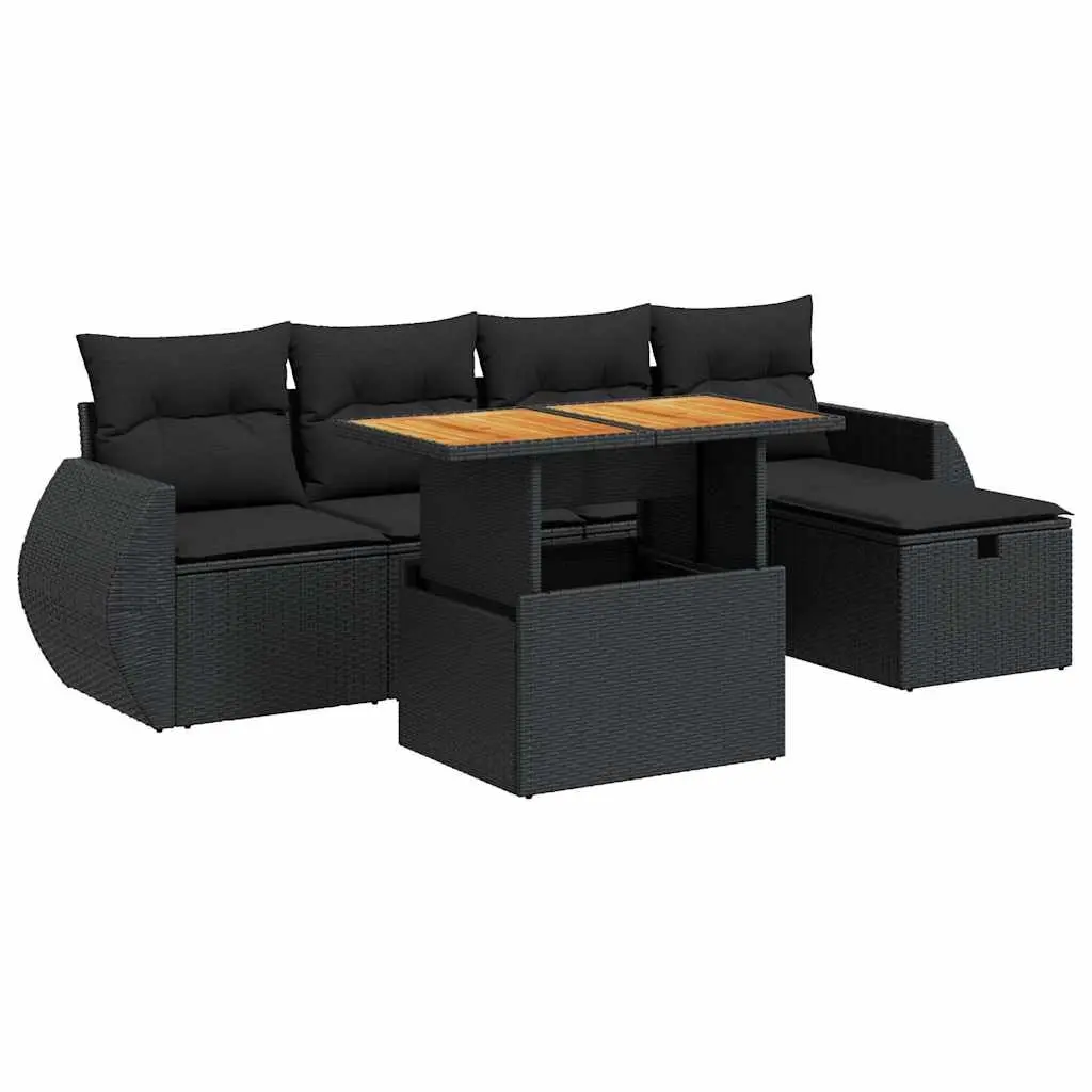 6 Piece Garden Sofa Set with Cushions Black Poly Rattan Acacia 3328049 - Furniture