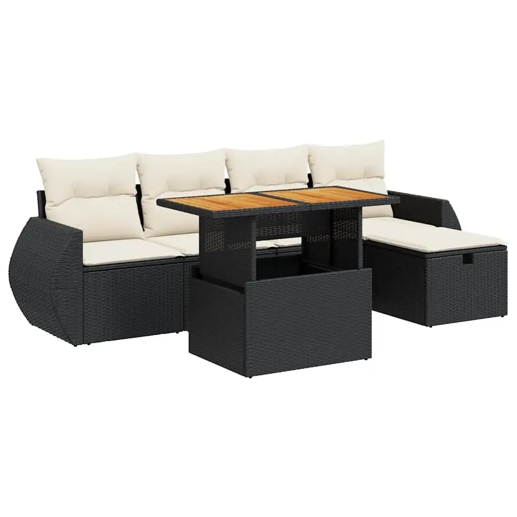 6 Piece Garden Sofa Set with Cushions Black Poly Rattan Acacia 3328050 - Furniture
