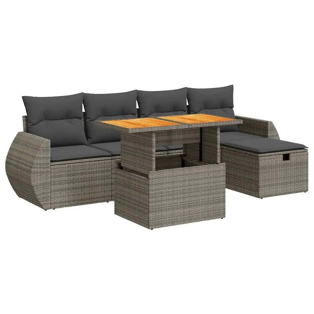 6 Piece Garden Sofa Set with Cushions Grey Poly Rattan Acacia 3328054 - Furniture