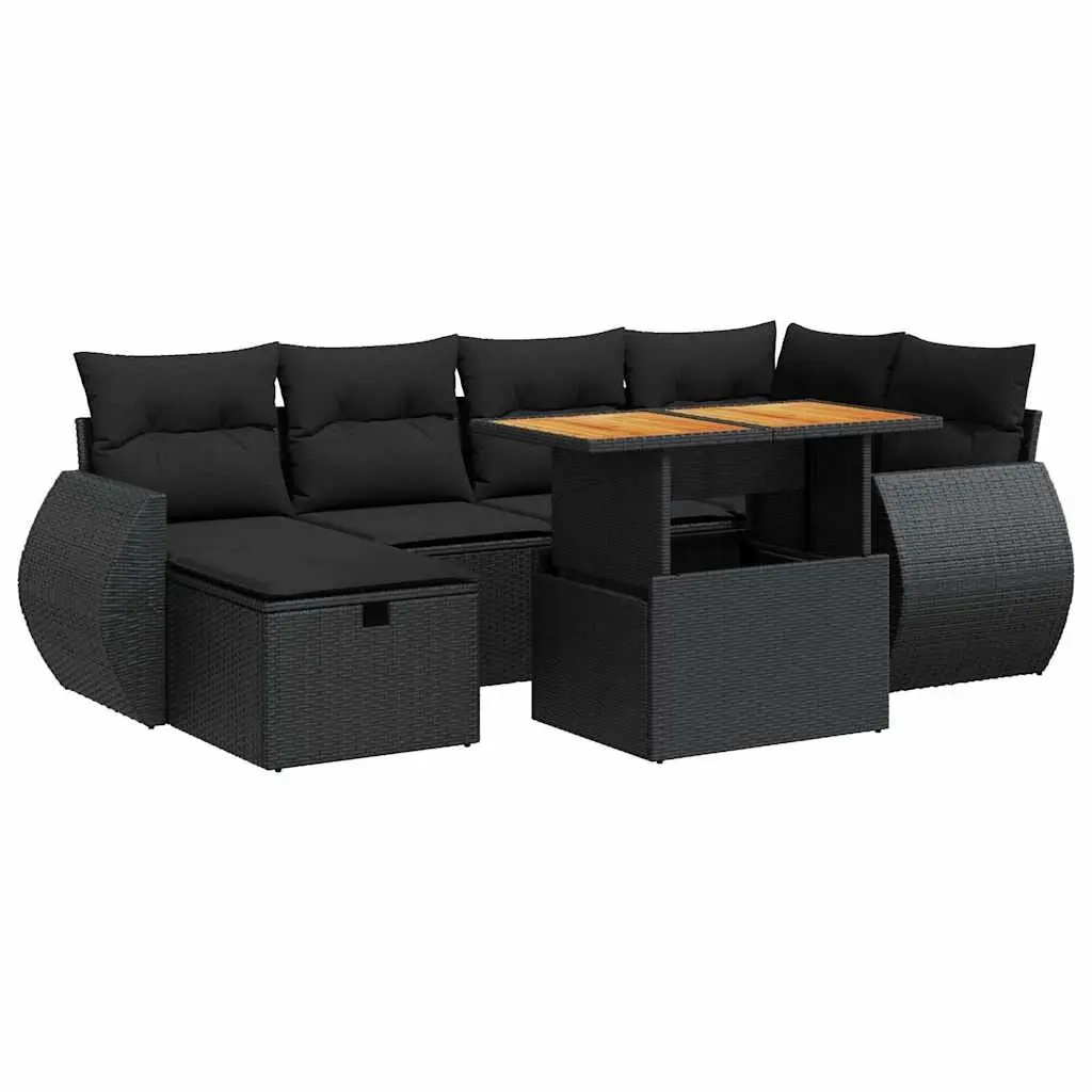 8 Piece Garden Sofa Set with Cushions Black Poly Rattan Acacia 3328056 - Furniture