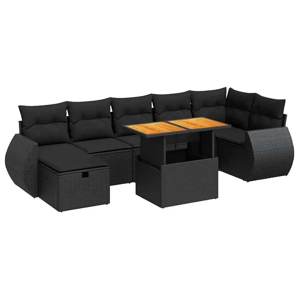 5 Piece Garden Sofa Set with Cushions Black Poly Rattan Acacia 3328063 - Furniture