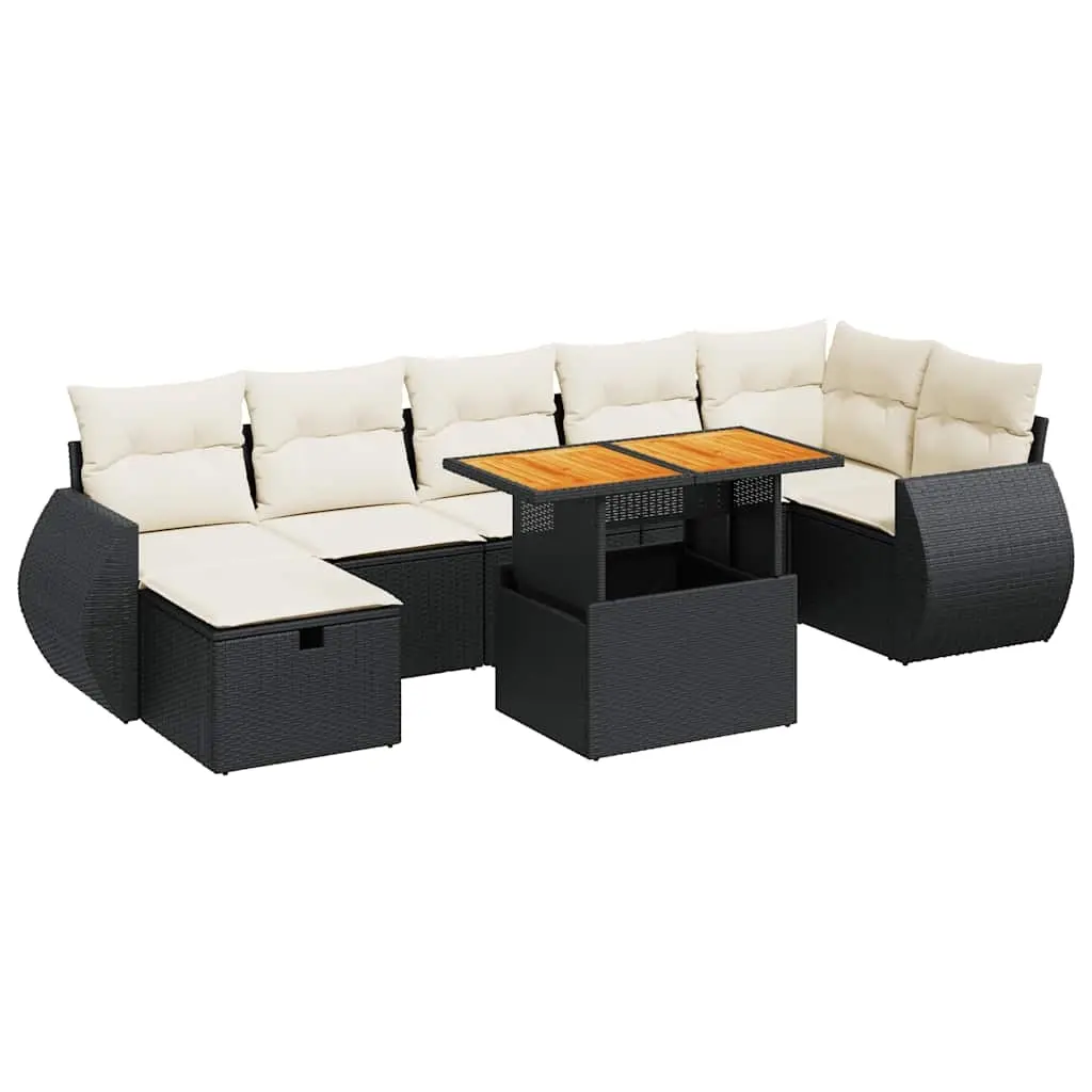 5 Piece Garden Sofa Set with Cushions Black Poly Rattan Acacia 3328064 - Furniture