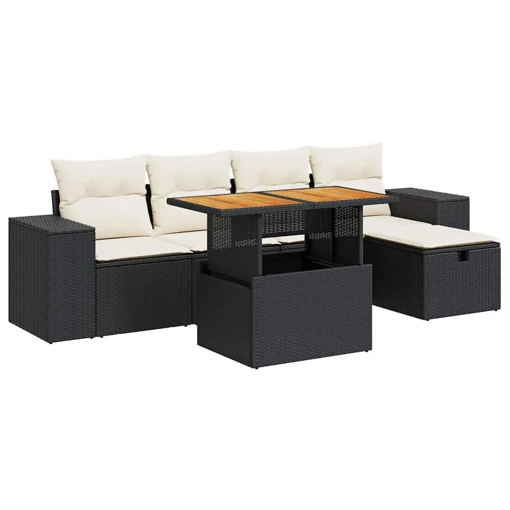 6 Piece Garden Sofa Set with Cushions Black Poly Rattan Acacia 3328078 - Furniture