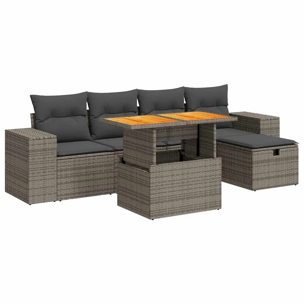 6 Piece Garden Sofa Set with Cushions Grey Poly Rattan Acacia 3328082 - Furniture