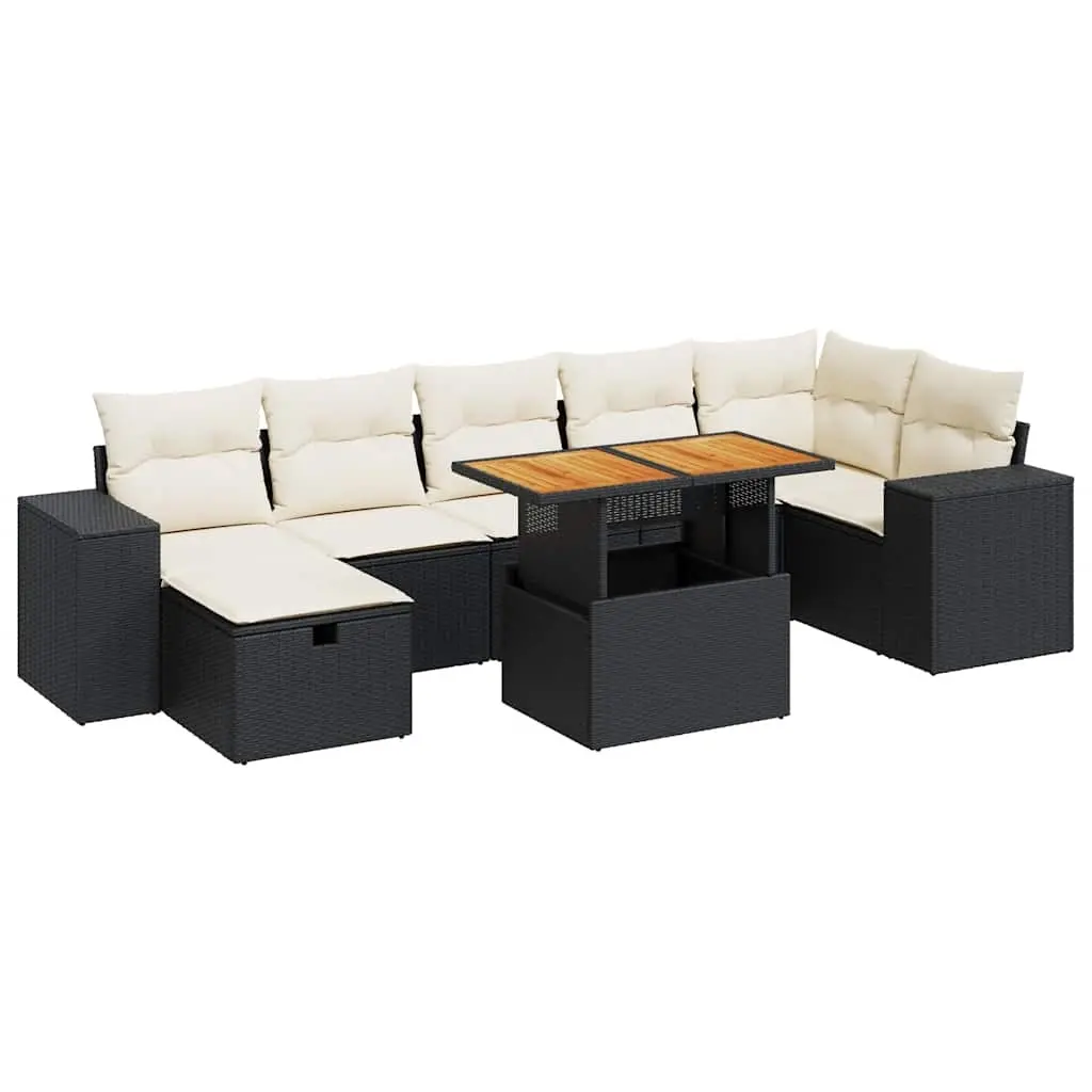 5 Piece Garden Sofa Set with Cushions Black Poly Rattan Acacia 3328092 - Furniture