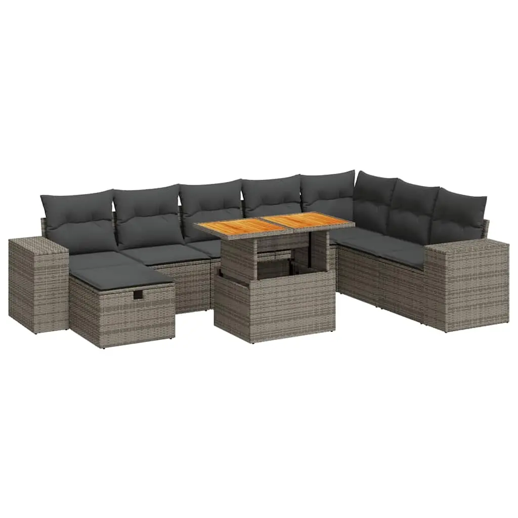 9 Piece Garden Sofa Set with Cushions Grey Poly Rattan Acacia 3328103 - Furniture