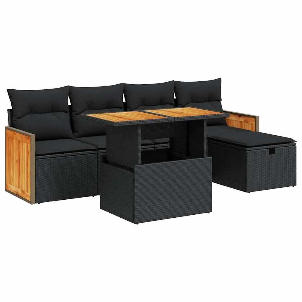 6 Piece Garden Sofa Set with Cushions Black Poly Rattan 3328147 - Furniture