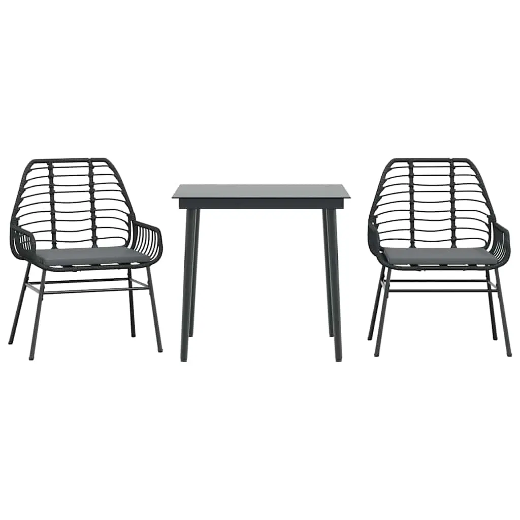 3 Piece Garden Dining Set with Cushions Black Poly Rattan Glass 3334450 - Furniture