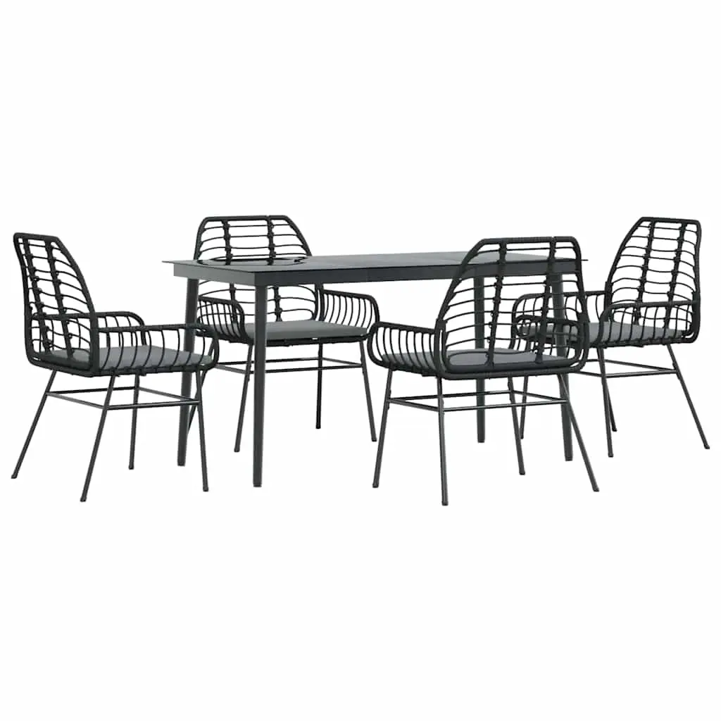5 Piece Garden Dining Set with Cushions Black Poly Rattan Glass 3334452 - Furniture