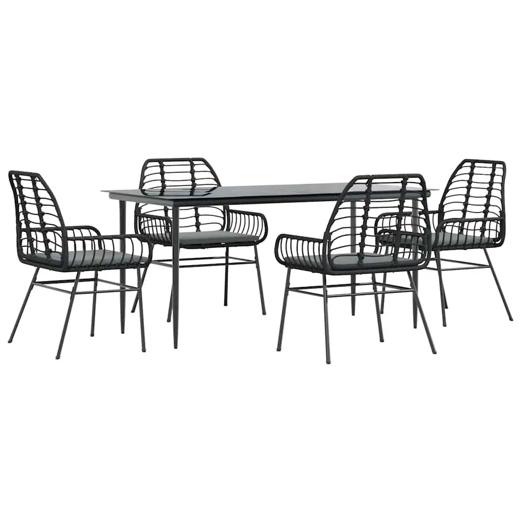 5 Piece Garden Dining Set with Cushions Black Poly Rattan Glass 3334453 - Furniture