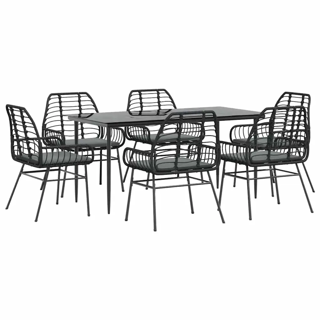 7 Piece Garden Dining Set with Cushions Black Poly Rattan Glass 3334454 - Furniture