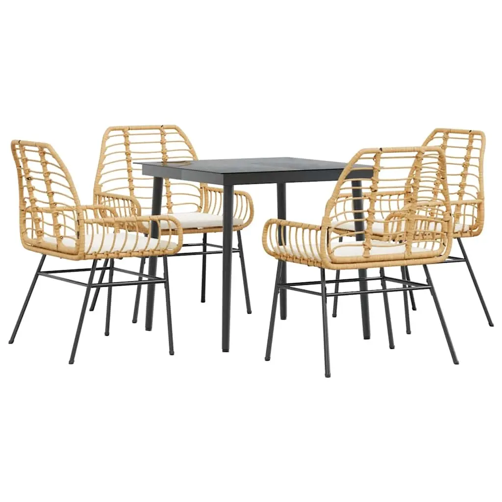 5 Piece Garden Dining Set with Cushions Brown Poly Rattan Glass 3334458 - Furniture