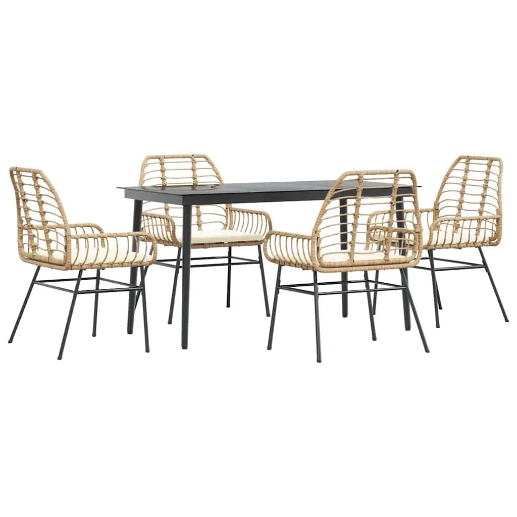 5 Piece Garden Dining Set with Cushions Brown Poly Rattan Glass 3334459 - Furniture