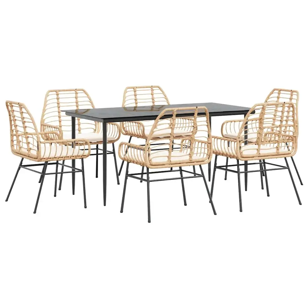 7 Piece Garden Dining Set with Cushions Brown Poly Rattan Glass 3334461 - Furniture