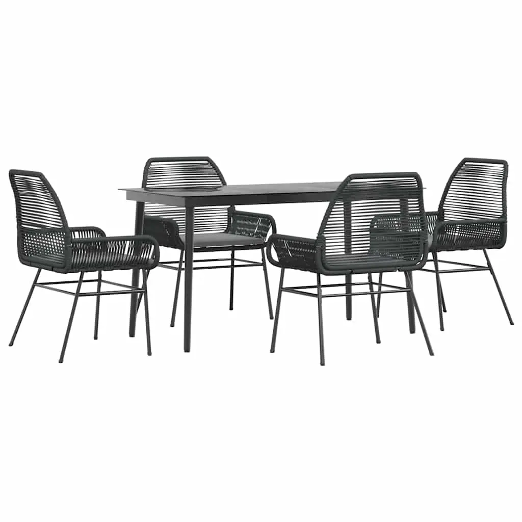 5 Piece Garden Dining Set with Cushions Black Poly Rattan Glass 3334466 - Furniture