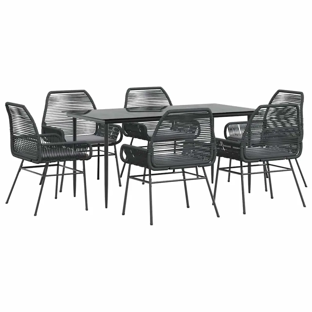 7 Piece Garden Dining Set with Cushions Black Poly Rattan Glass 3334468 - Furniture