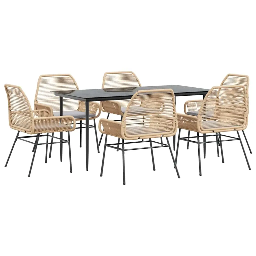 7 Piece Garden Dining Set with Cushions Brown Poly Rattan Glass 3334475 - Furniture