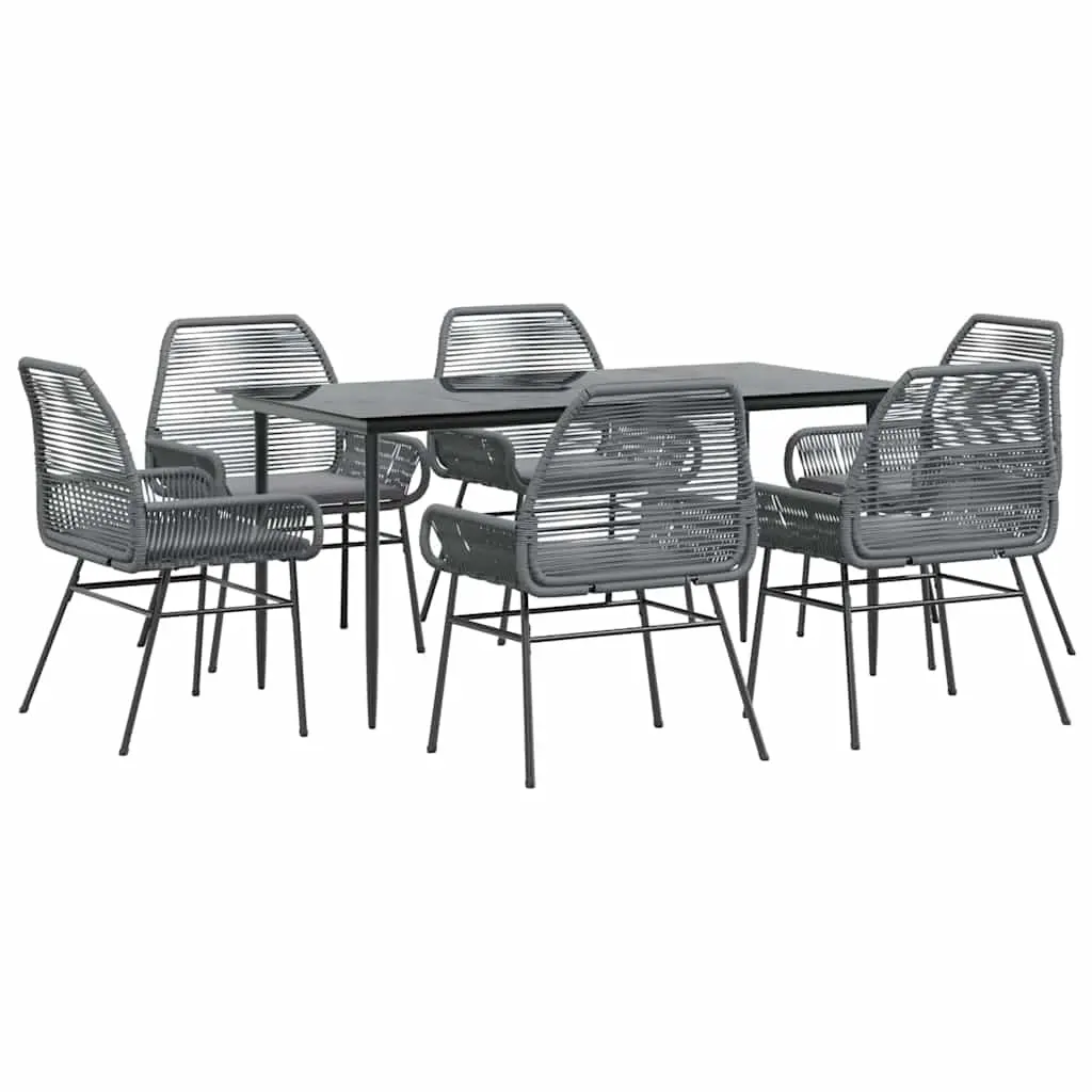 7 Piece Garden Dining Set with Cushions Grey Poly Rattan Glass 3334482 - Furniture