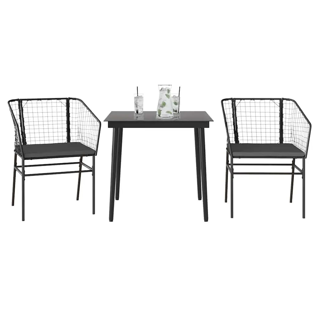 3 Piece Garden Dining Set with Cushions Black Poly Rattan Glass 3334499 - Furniture