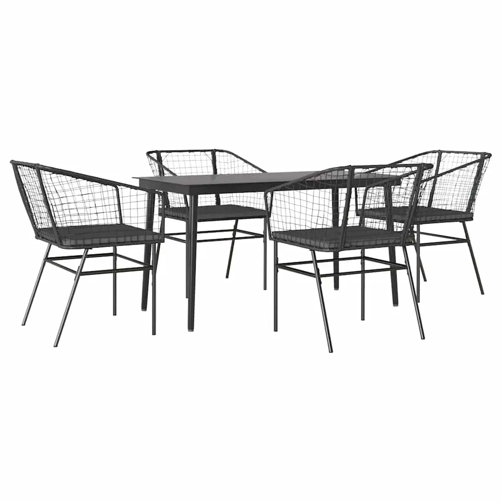 5 Piece Garden Dining Set with Cushions Black Poly Rattan Glass 3334501 - Furniture