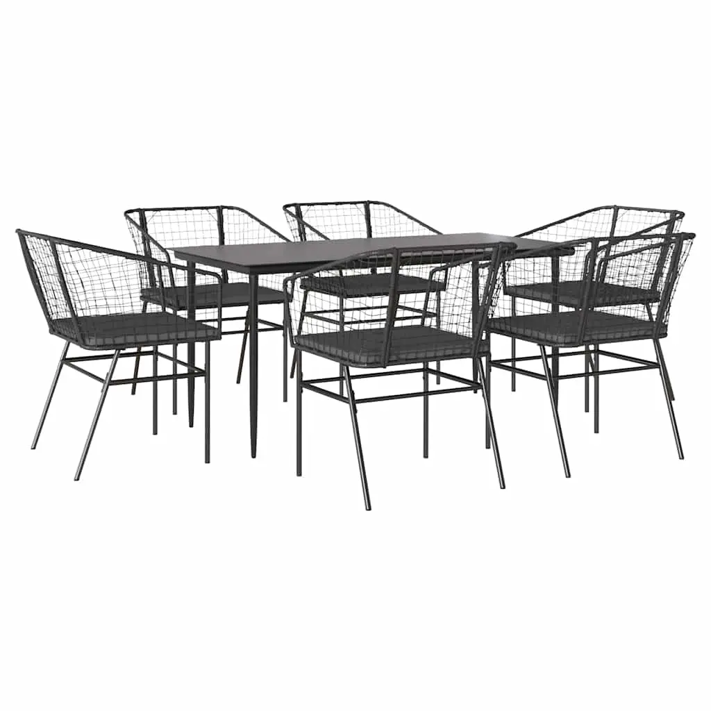 7 Piece Garden Dining Set with Cushions Black Poly Rattan Glass 3334503 - Furniture
