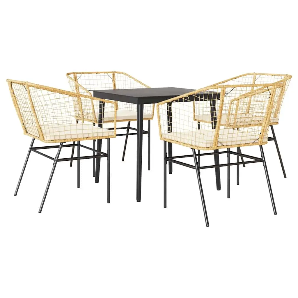 5 Piece Garden Dining Set with Cushions Brown Poly Rattan Glass 3334507 - Furniture