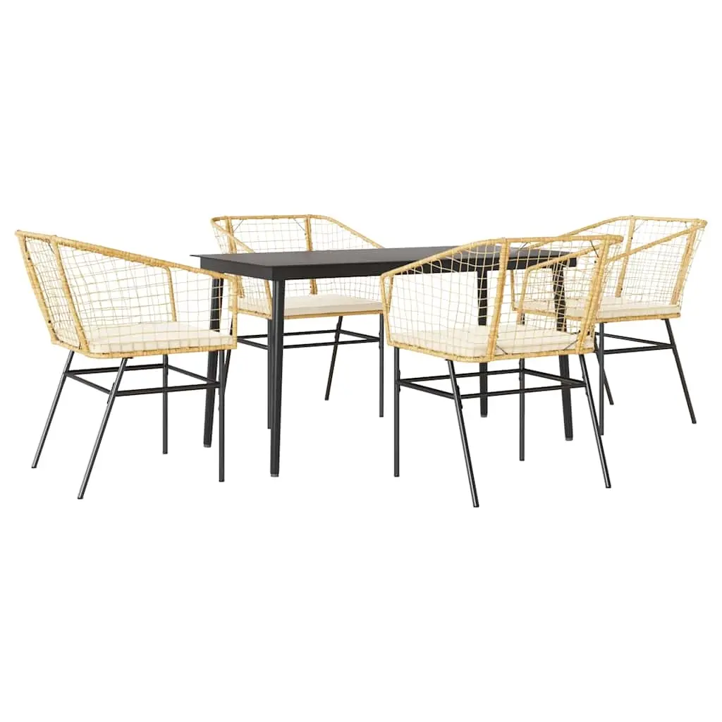 5 Piece Garden Dining Set with Cushions Brown Poly Rattan Glass 3334508 - Furniture
