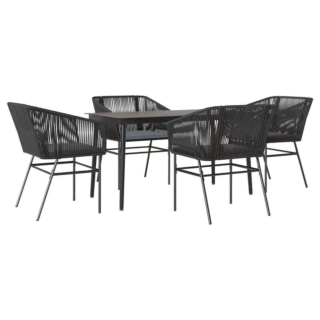 5 Piece Garden Dining Set with Cushions Black Poly Rattan Glass 3334515 - Furniture