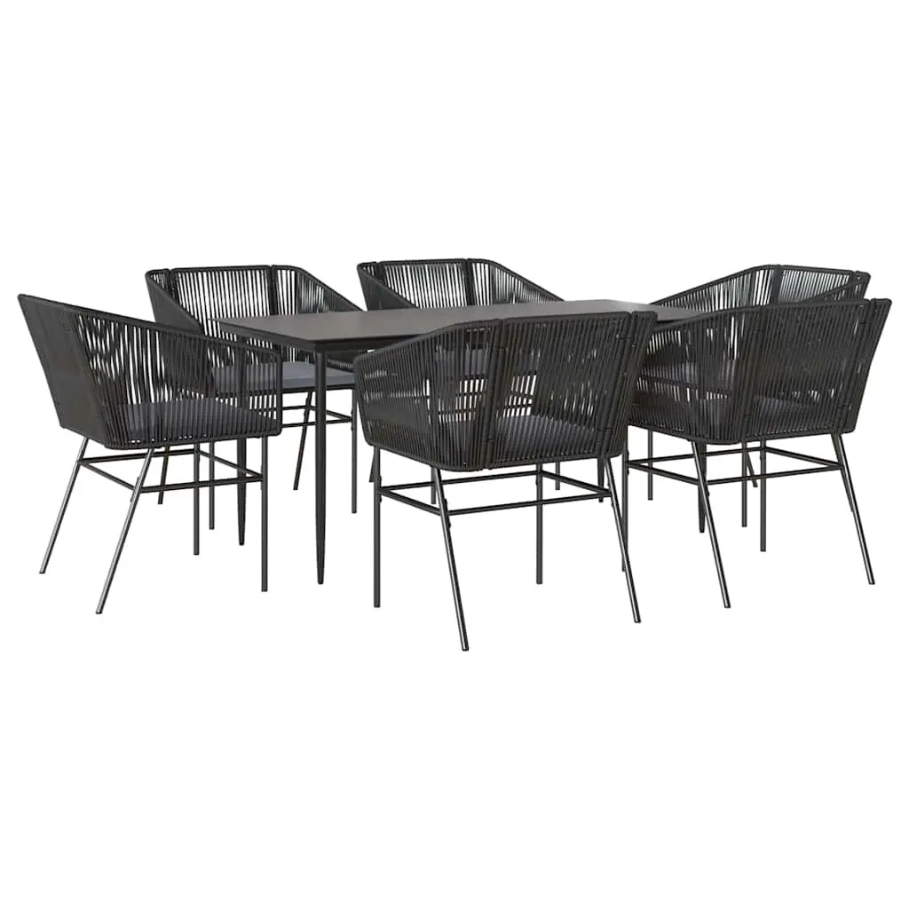 7 Piece Garden Dining Set with Cushions Black Poly Rattan Glass 3334517 - Furniture