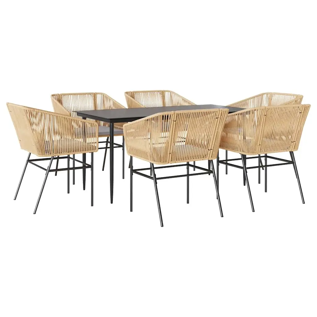 7 Piece Garden Dining Set with Cushions Brown Poly Rattan Glass 3334524 - Furniture