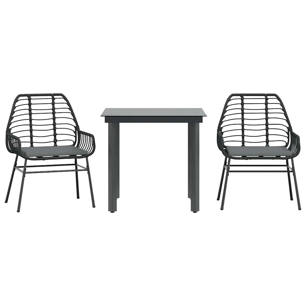 3 Piece Garden Dining Set with Cushions Black Poly Rattan Glass 3334548 - Furniture
