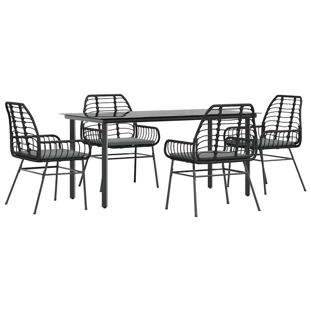 5 Piece Garden Dining Set with Cushions Black Poly Rattan Glass 3334551 - Furniture