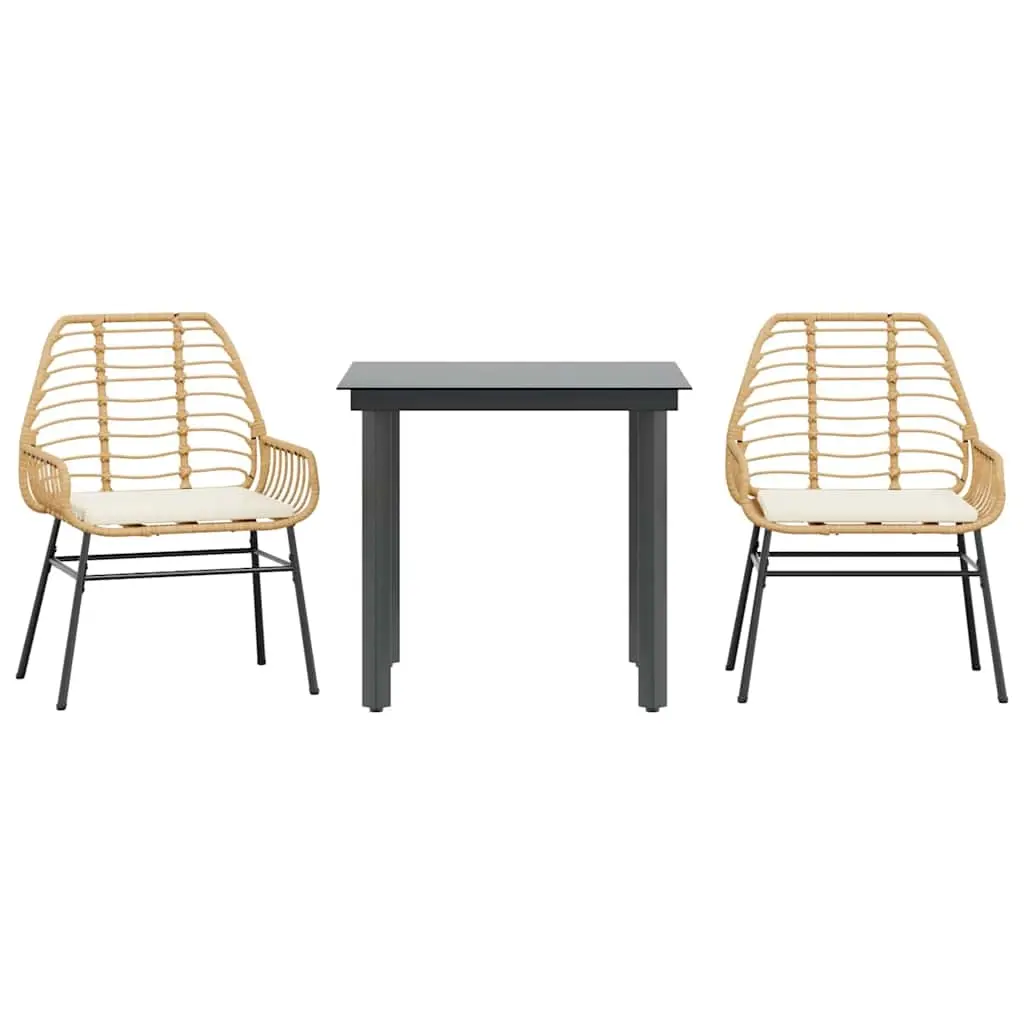 3 Piece Garden Dining Set with Cushions Brown Poly Rattan Glass 3334555 - Furniture