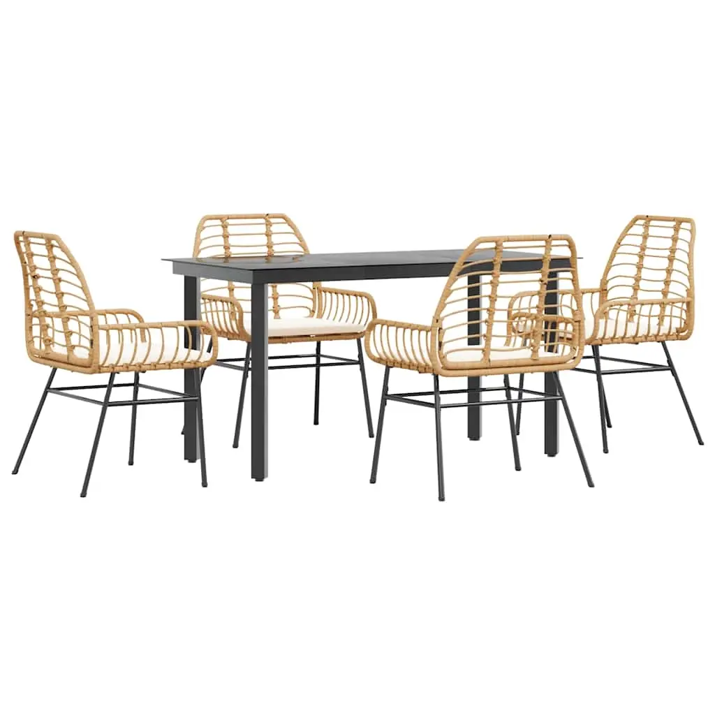 5 Piece Garden Dining Set with Cushions Brown Poly Rattan Glass 3334557 - Furniture