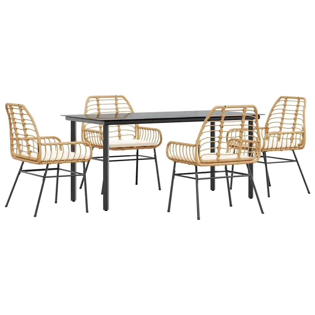 5 Piece Garden Dining Set with Cushions Brown Poly Rattan Glass 3334558 - Furniture