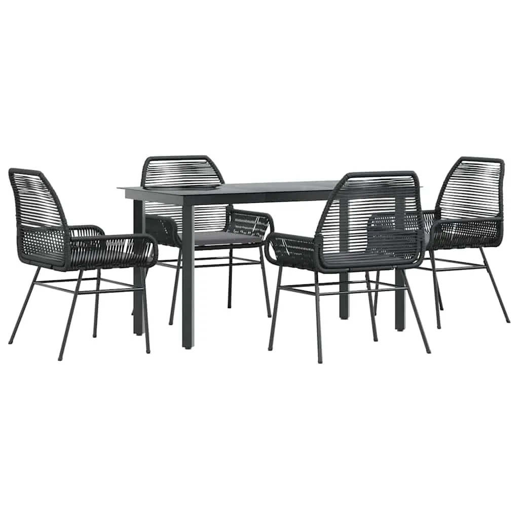 5 Piece Garden Dining Set with Cushions Black Poly Rattan Glass 3334564 - Furniture
