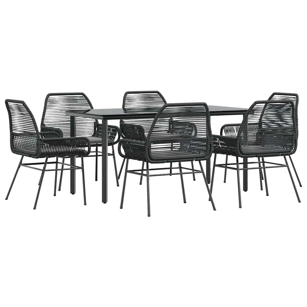7 Piece Garden Dining Set with Cushions Black Poly Rattan Glass 3334566 - Furniture