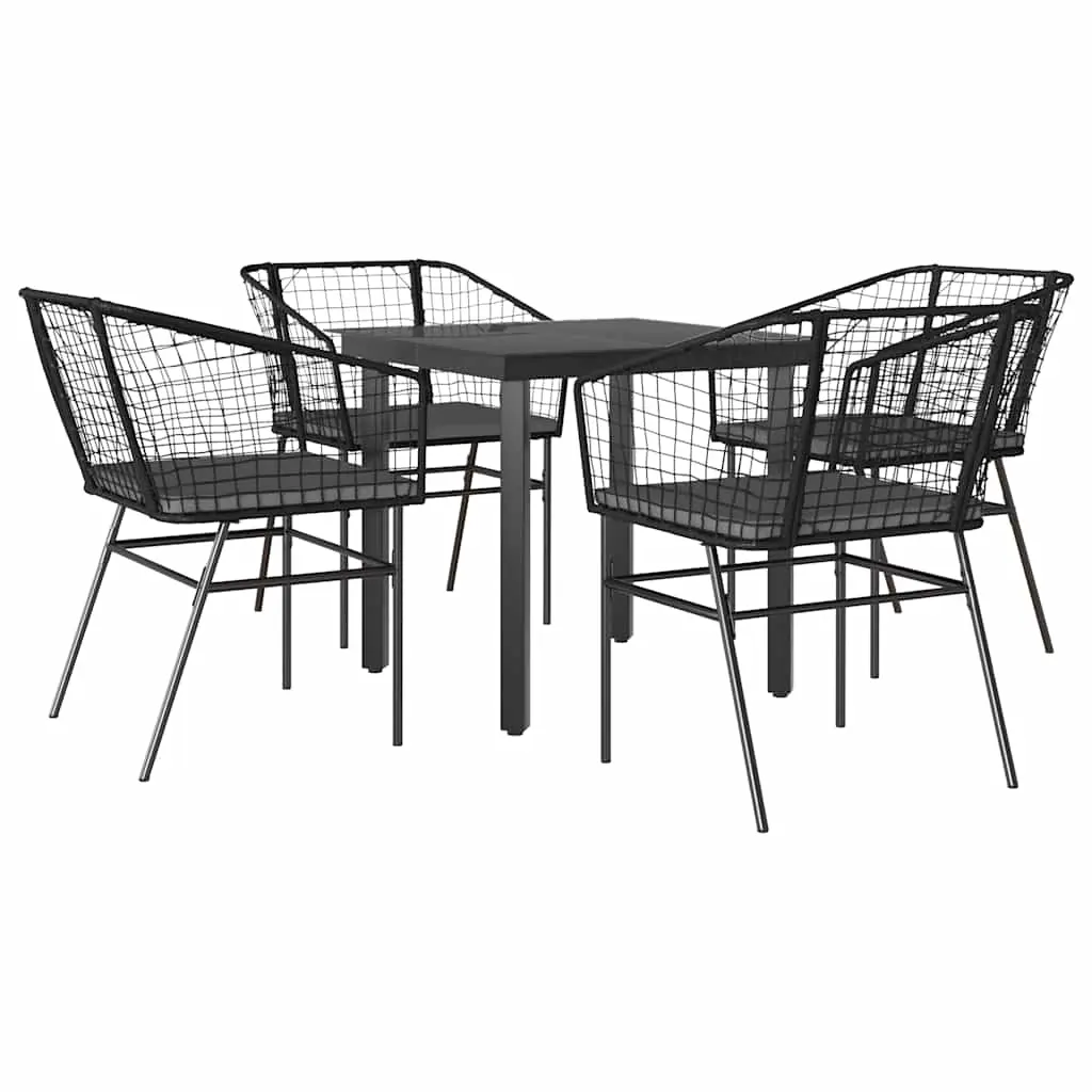 5 Piece Garden Dining Set with Cushions Black Poly Rattan Glass 3334598 - Furniture