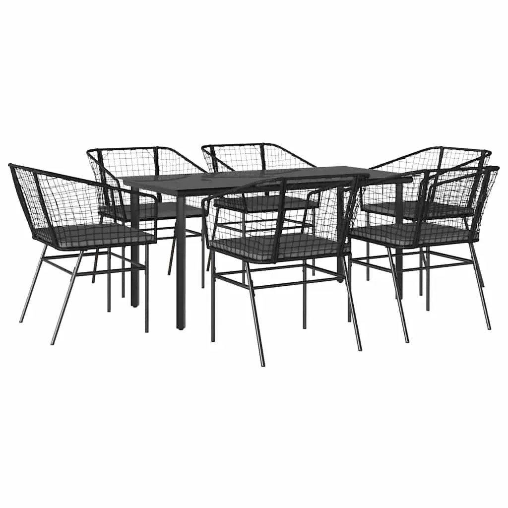 7 Piece Garden Dining Set with Cushions Black Poly Rattan Glass 3334601 - Furniture