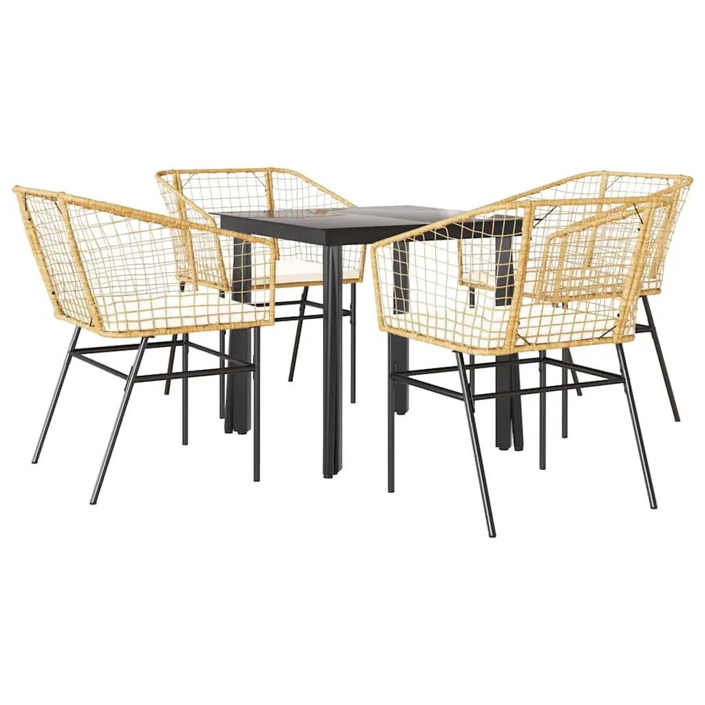 5 Piece Garden Dining Set with Cushions Brown Poly Rattan Glass 3334605 - Furniture